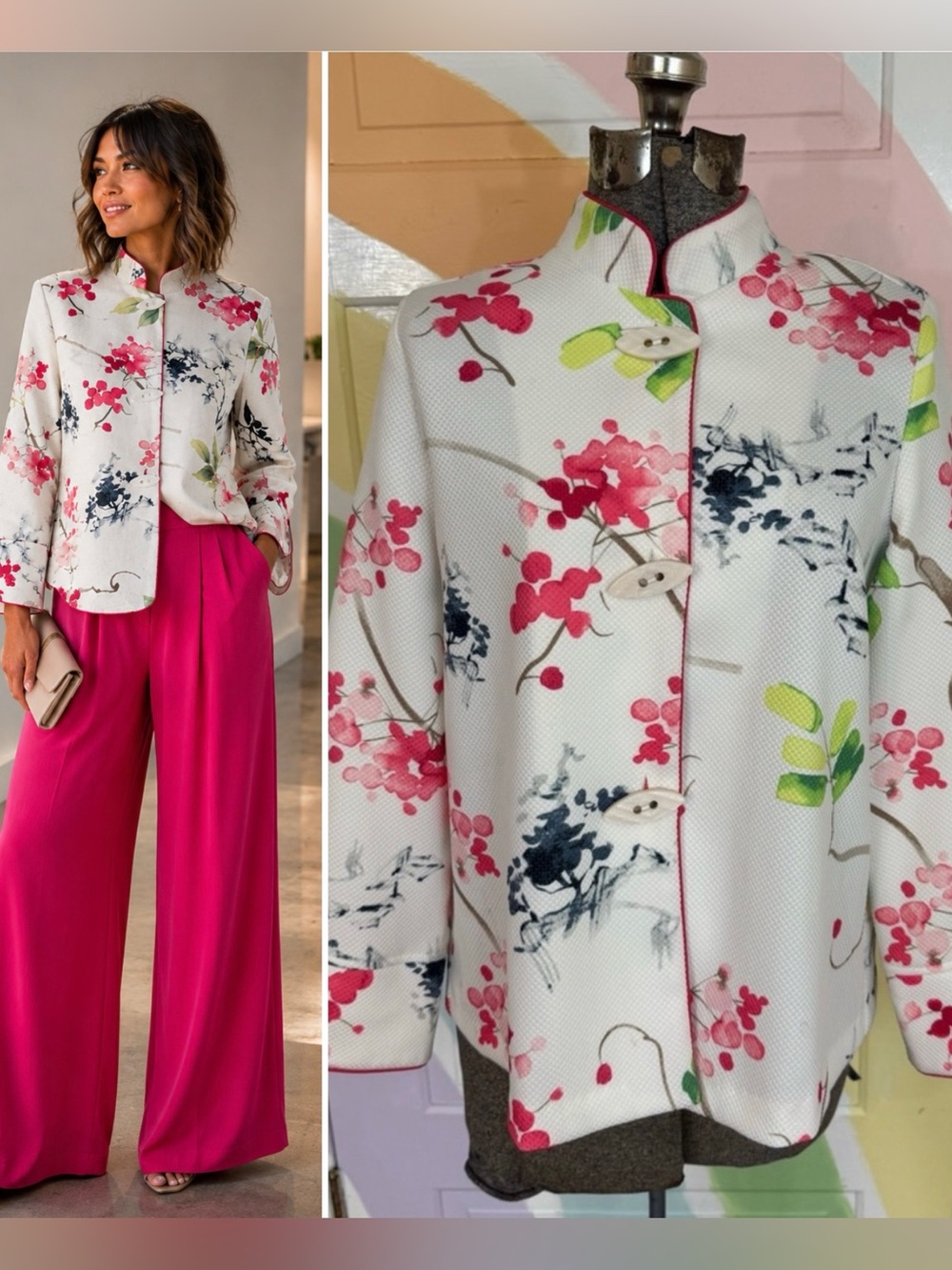 IC by Connie K Floral Mandarin Collar Art-to-Wear Textured Jacket Sz M 💛🍄